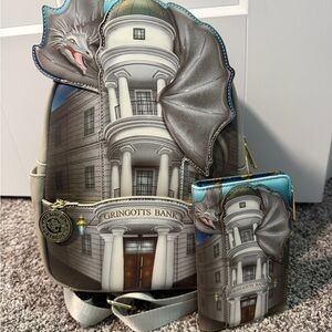 Loungefly Gringotts Bank Dragon Backpack and Wallet in Teal, Gray, White